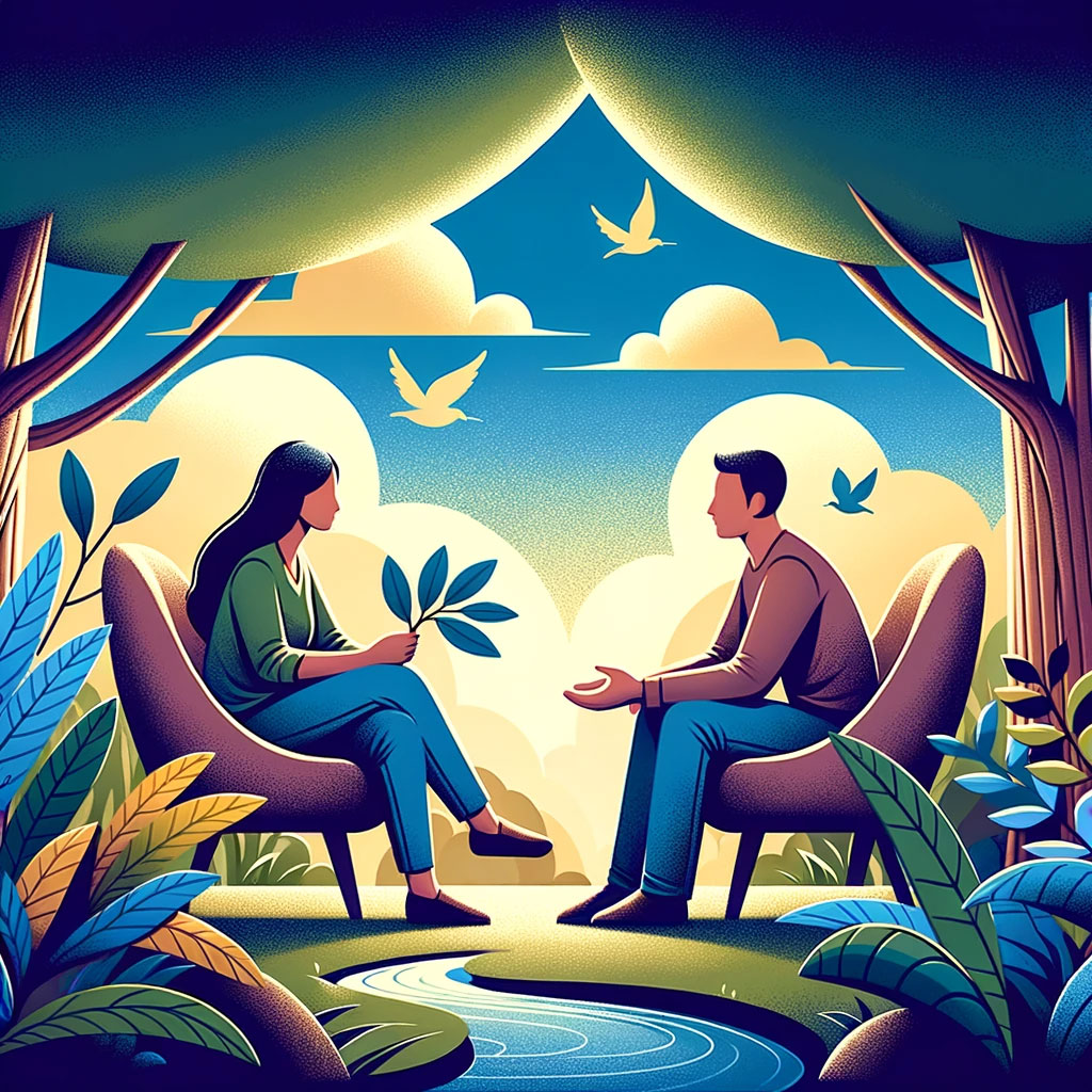 illustration of two people sitting in chairs across from each other, trees and plans surrounding
