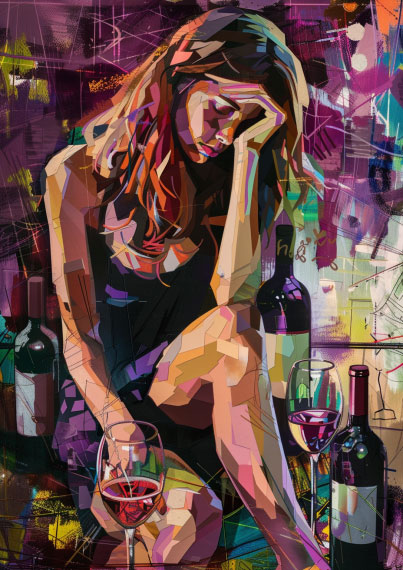 stylized art photo of sad woman with wine glass