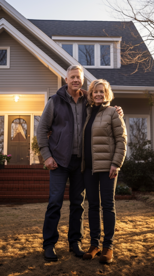 older couple standing in front of their home