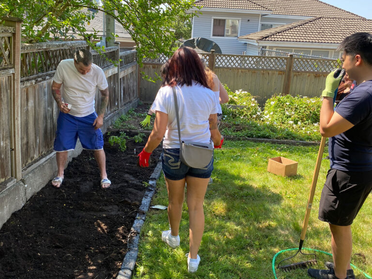 Volunteers and staff of community gardening doing the gardening