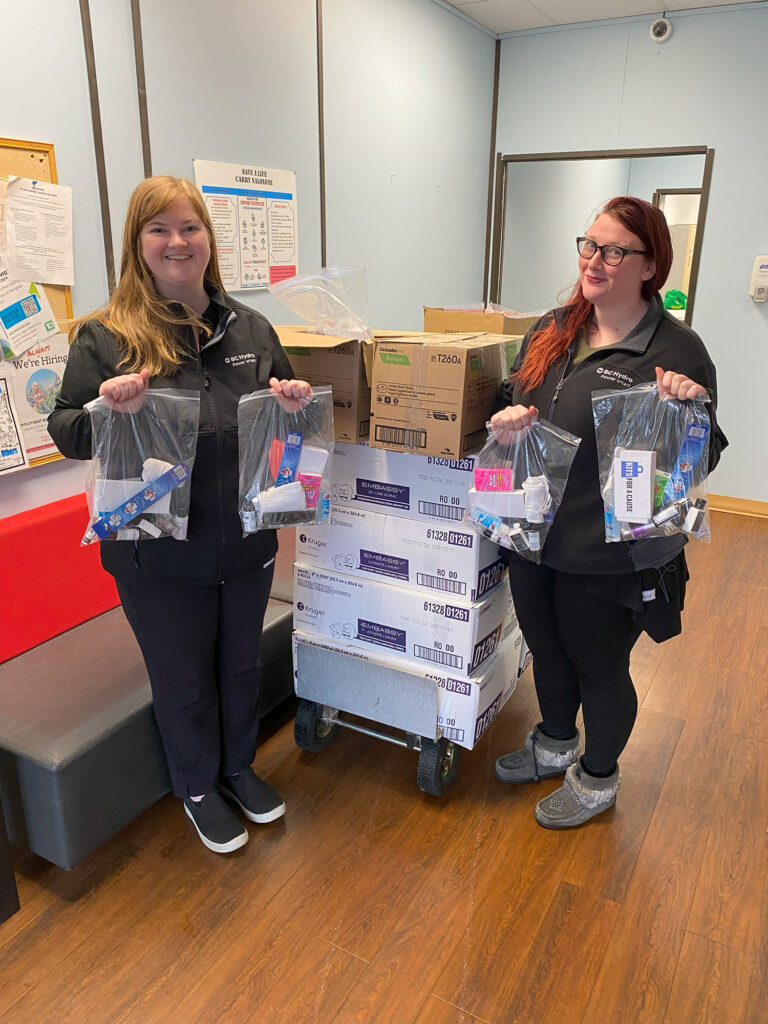 BC Hydro employees donating hygiene kits